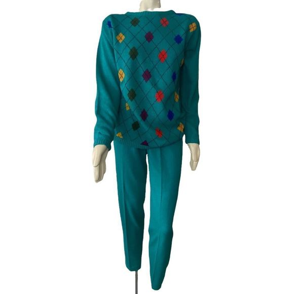 Liz Claiborne Women's Argyle Pullover Sweater & Pull-On Sweatpants Blue Medium - Picture 1 of 12